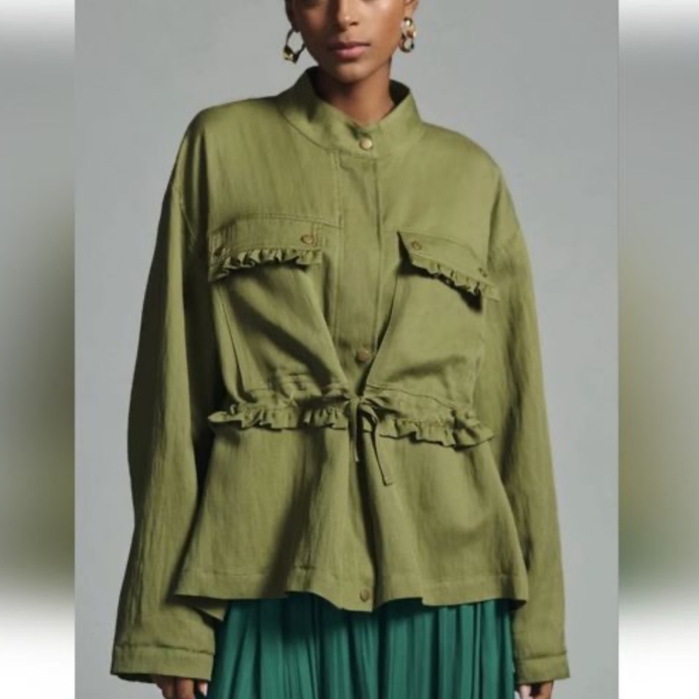 By Anthropologie Size Medium Jacket Oversized Utility Green Snap Front Ruffles